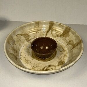 Handmade Chip And Dip Brown Pottery Serving Bowl GA Artist Signed 2000